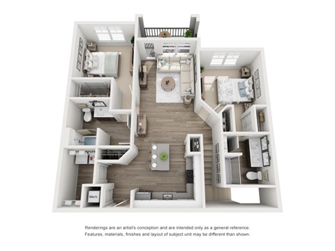 A 3D rendered image of a house layout.
